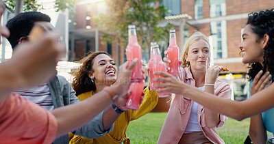 Buy stock photo Students, cheers and park with happy friends, diversity and picnic with smile in summer on campus. University, toast and group with bonding and drink on lawn of academy and college with Gen Z people