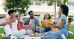 Students, drinks and park with happy friends, diversity and picnic with smile in summer on campus. University, school and group with bonding and bottle on lawn of academy at college with Gen Z people