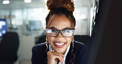 Buy stock photo African woman, portrait and glasses in office at night, working for online newspaper on digital story. Journalist, smile and media company with press coverage, reporter or writer with job pride