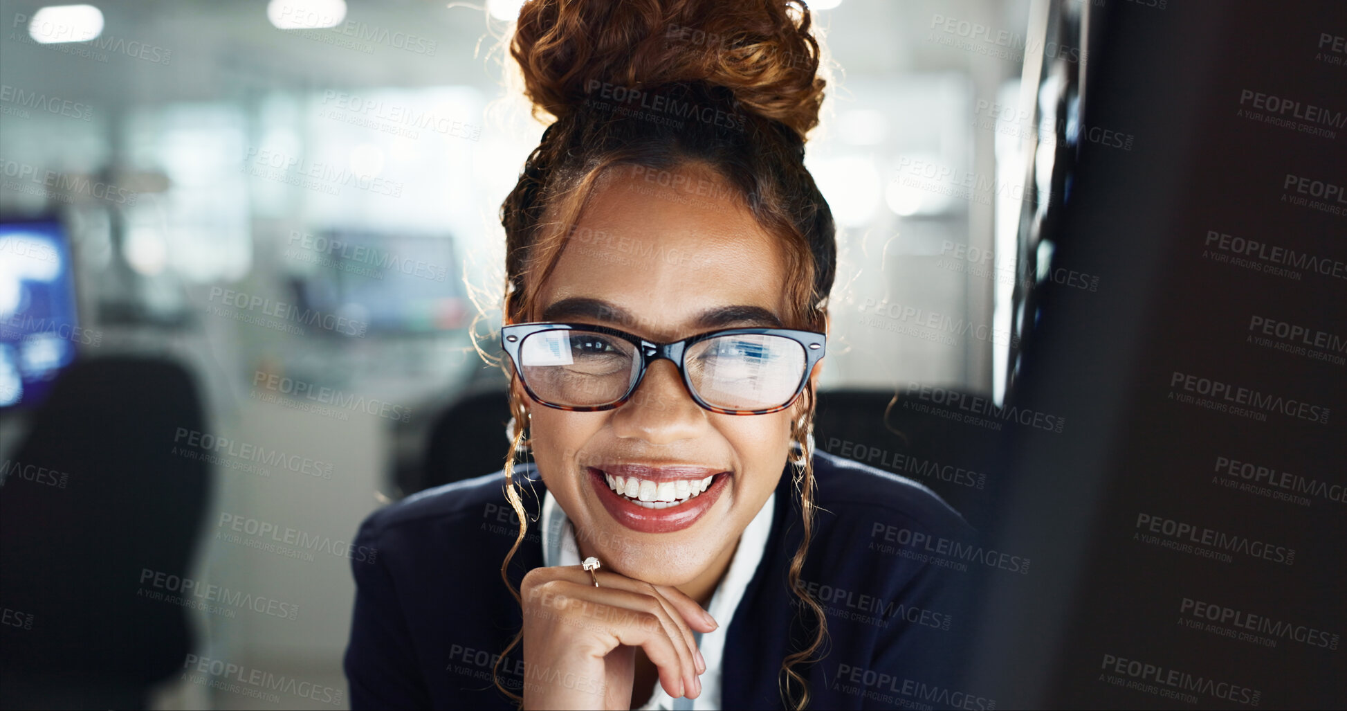 Buy stock photo African woman, portrait and glasses in office at night, working for online newspaper on digital story. Journalist, smile and media company with press coverage, reporter or writer with job pride