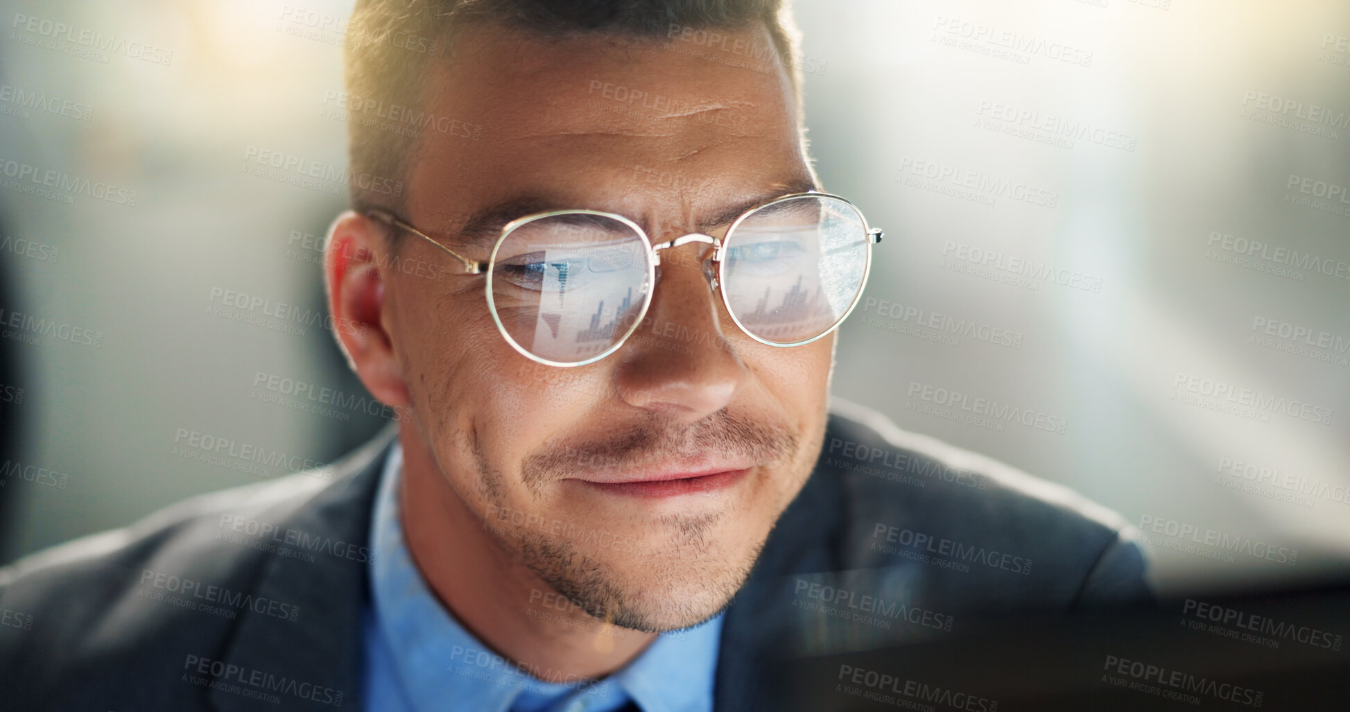 Buy stock photo Business, man and smile on computer in office for positive feedback report on project proposal as market research agent. Excited, male person and digital pc reading email, good news and progress 