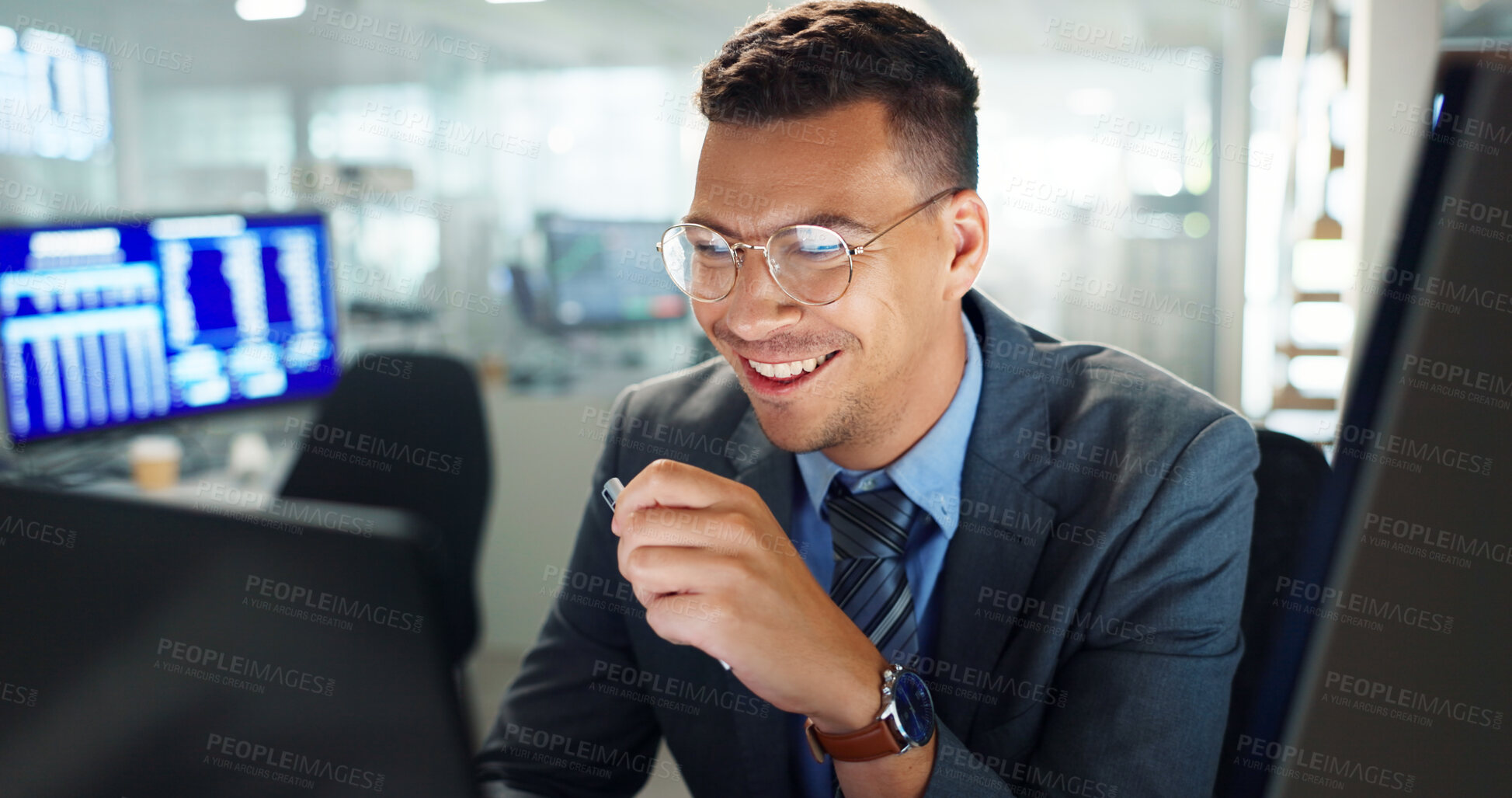 Buy stock photo Man, computer and night in office with smile, reading or excited for results, trading or stats on stock market. Person, employee and pc in workplace for profit, balance or revenue at finance company
