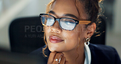 Buy stock photo Thinking, business and woman on computer in office for ideas of feedback, planning and project proposal as web designer. Smile, female person and digital pc reading email for progress report update