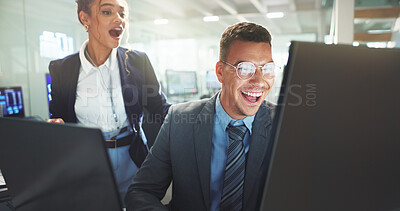 Buy stock photo Excited, team and surprised on computer in office for success, support and winner for promotion or bonus deal. Happy, man and woman on pc of email, good news and collaboration achievement progress 