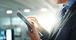Hands, tablet and business employee in office for connection, information or research with flare. App, social media and technology with professional in corporate workplace for email communication