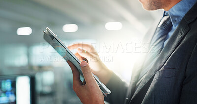 Buy stock photo Hands, tablet and business employee in office for connection, information or research with flare. App, social media and technology with professional in corporate workplace for email communication