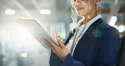 Buy stock photo Hands, tablet and business woman in office for connection, information or research with flare. App, social media and technology with woman employee in corporate workplace for email communication