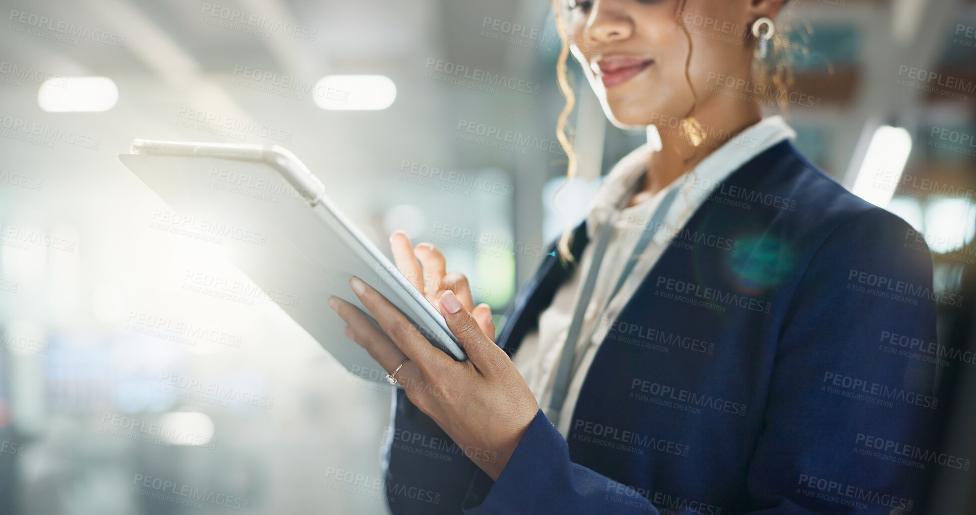 Buy stock photo Hands, tablet and business woman in office for connection, information or research with flare. App, social media and technology with woman employee in corporate workplace for email communication