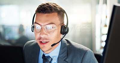 Buy stock photo Call center, glasses and businessman with computer in office consulting or crm, sales and customer support. Telecom, contact us and male lead generation consultant with virtual, help or insurance faq