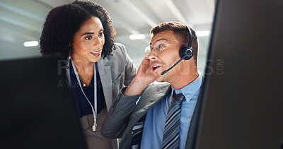 Buy stock photo Customer service, call center and business people on computer for training, online help and consulting. Corporate boss, communication and man and women for contact, crm support and telemarketing