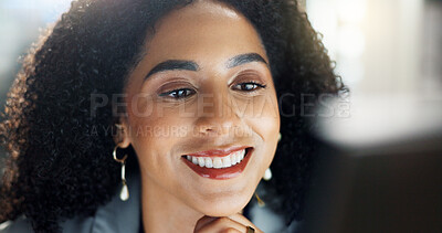 Buy stock photo Happy, office and business woman on computer for online project, reading email and research. Corporate, professional and face of person on pc monitor for internet, website search and working for job