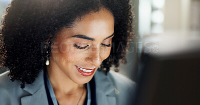 Buy stock photo Woman, working and computer at office with business research for audit at company with smile. Website, technology and digital project with employee, email and internet at financial and auditor agency