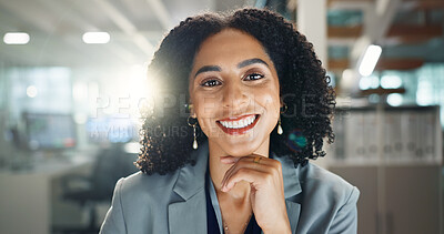 Buy stock photo African woman, night and portrait in office with smile for confidence in suit with overtime at company. Person, employee and happy for career with deadline in dark workplace at insurance agency