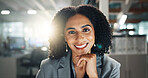 African woman, portrait and smile in office at night, working for online newspaper on digital story. Journalist, happiness and media company with press coverage, reporter or writer with job pride