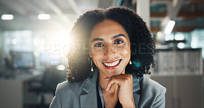 Buy stock photo African woman, portrait and smile in office at night, working for online newspaper on digital story. Journalist, happiness and media company with press coverage, reporter or writer with job pride