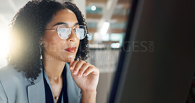 Buy stock photo Thinking, office and business woman on computer for online project, proposal and research. Corporate, professional and person on pc monitor for internet, website search and reading email at desk