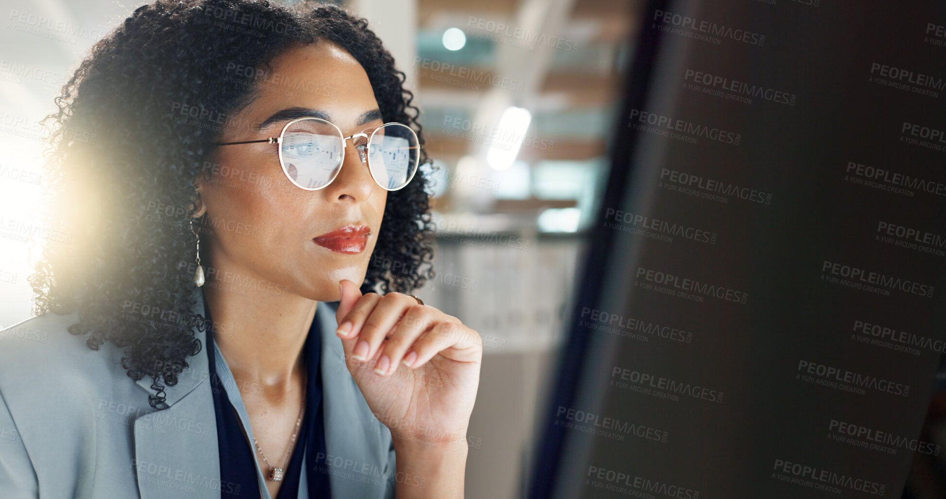 Buy stock photo Thinking, office and business woman on computer for online project, proposal and research. Corporate, professional and person on pc monitor for internet, website search and reading email at desk