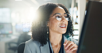 Buy stock photo Reading, office and business woman on computer for online project, proposal and research. Corporate, professional and person on pc monitor for internet, website search and planning at desk for career