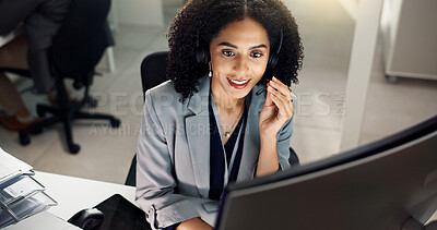 Buy stock photo Call center, top view and happy businessman in office consulting for contact us, crm and tech support faq. Telemarketing, insurance and friendly consultant with virtual help, loan and b2b networking