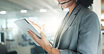 Customer support, tablet and hands of woman in call center for consulting, telemarketing and working. Headset, professional and person on digital tech for communication, CRM service and talking