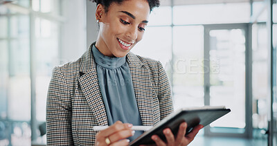 Buy stock photo Business woman, smile and tablet with stylus for writing font, sketch or creativity for drawing software in office. Graphic designer lady, digital pen and tech for notes, planning logo and art app