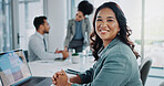 Happy woman, portrait and laptop with team for company research, about us or collaboration at office. Female person or employee with smile on computer for business growth or project at workplace