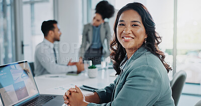 Buy stock photo Happy woman, portrait and laptop with team for company research, about us or collaboration at office. Female person or employee with smile on computer for business growth or project at workplace