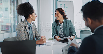 Buy stock photo Business people, paperwork and speaking in office meeting, collaboration and teamwork for proposal. Employees, talking and documents for finance review, support and briefing in boardroom for project