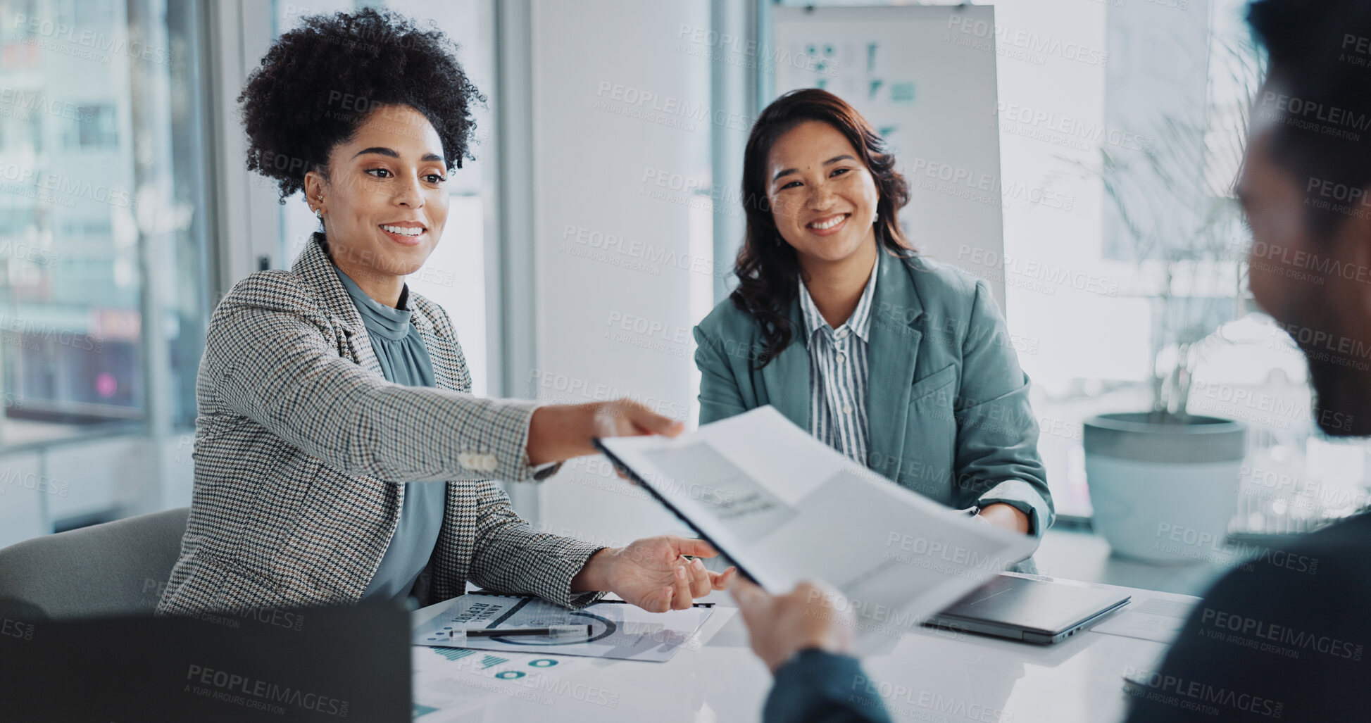 Buy stock photo Business people, document and clients in meeting for proposal, collaboration and investment advice. Analyst, stakeholder or investor with portfolio for planning, review and opportunity or offer