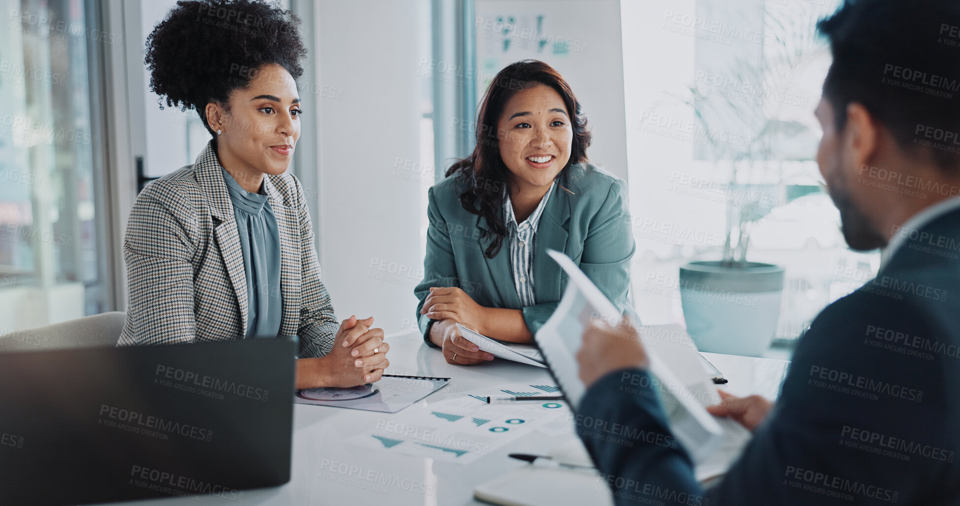 Buy stock photo Business people, paperwork and research in office meeting, collaboration and teamwork for proposal. Employees, talking and documents for finance review, support and briefing in boardroom for project