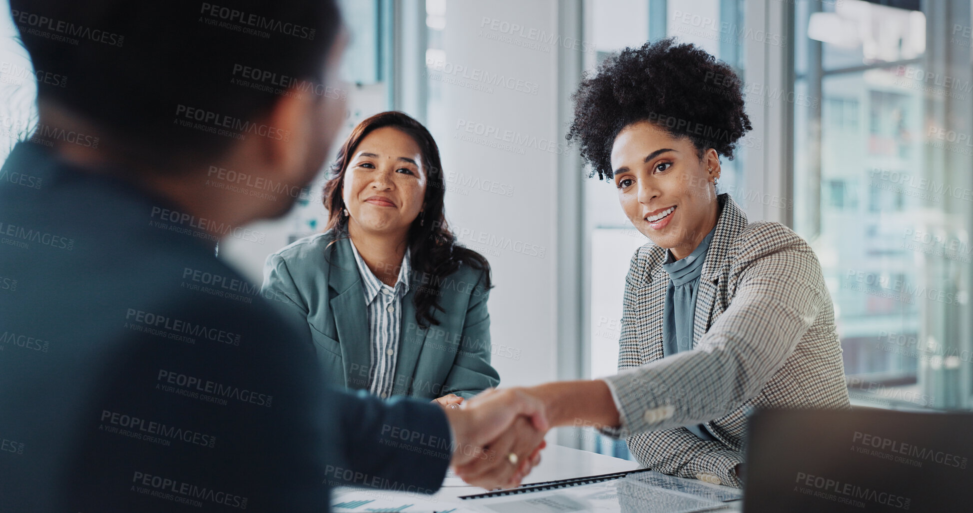 Buy stock photo Business people, meeting and shaking hands for job interview, recruitment and introduction in public relations. Woman, clients or candidate with handshake in welcome, onboarding or career opportunity