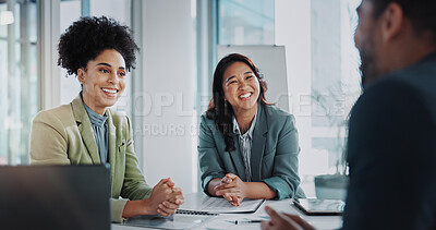 Buy stock photo Professional, business people and hr team for interview, recruitment or hiring process for person. Boardroom, managers and job seeker for employment, questions and discussion of career task in office