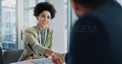 Buy stock photo Business people, handshake and meeting for job interview, recruitment and introduction in public relations. HR, clients or candidate shaking hands for welcome, onboarding and career opportunity