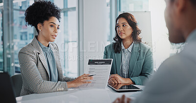 Buy stock photo Business people, resume paperwork or job interview with human resources manager for onboarding. Lawyer, experience and hr meeting with boss or cv in office for recruitment, hiring and work contract