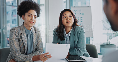 Buy stock photo Business people, paperwork and planning in office meeting, consulting and teamwork for proposal. Employees, talking and documents for finance review, support and briefing in boardroom for project