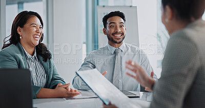 Buy stock photo Excited, business people or colleagues in meeting by office, communication and feedback on performance. Teamwork, corporate investors and surprise of company growth, future investment and partnership