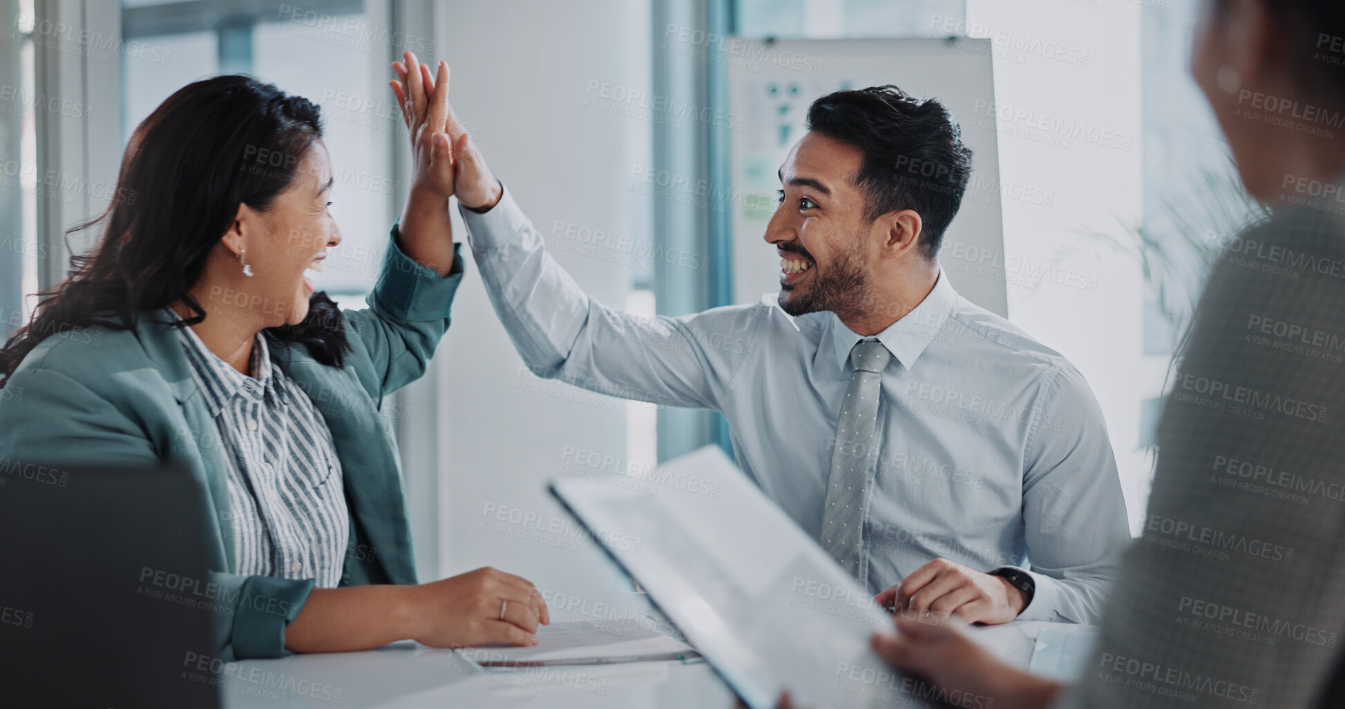 Buy stock photo Business people, meeting and high five for success, winning or achievement with teamwork or collaboration. Happy analyst or marketer with hands together of good news, celebration or clients agreement