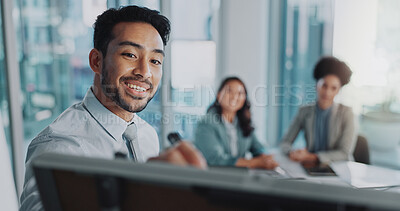 Buy stock photo Presentation, businessman or coach writing on whiteboard for planning, brainstorming and collaboration in office. Speaker, Asian guy and workshop for staff training, knowledge or strategy improvement