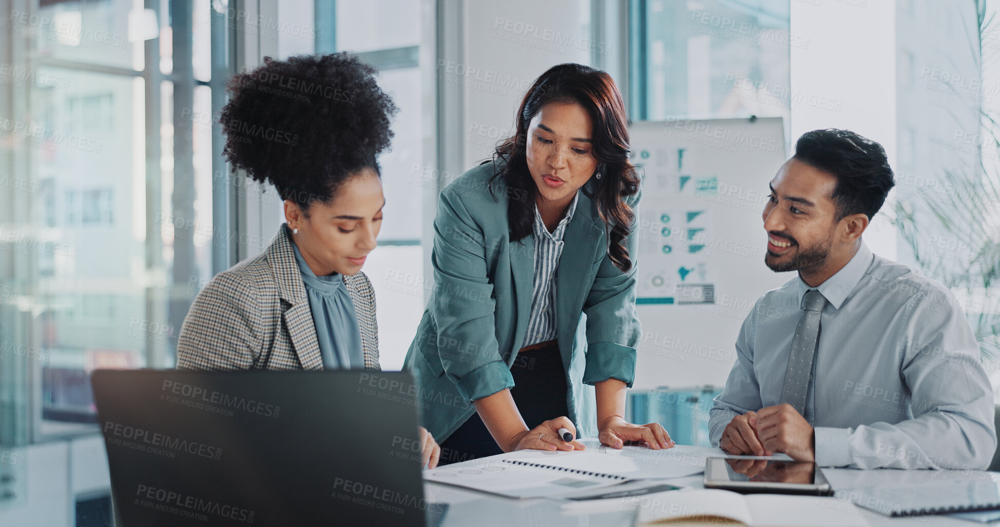Buy stock photo Business people, planning and teamwork with data analytics, documents and collaboration in meeting. Analyst, marketer or SEO expert talking of results, statistics and algorithm research in office