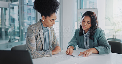 Buy stock photo Business woman, meeting and contract or paperwork for onboarding, negotiation and NDA documents at agency. Marketer, candidate or clients with print information, policy and signature for opportunity