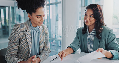 Buy stock photo Business woman, meeting and contract documents for onboarding, negotiation and hiring at recruitment agency. Human resources worker or clients with offer, opportunity or advice of policy or mentor