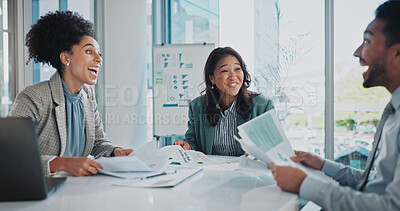 Buy stock photo Business people, meeting and excited for data analytics, statistics or results in SEO collaboration. Happy analyst or group with wow for news with documents, graphs and charts of project algorithm