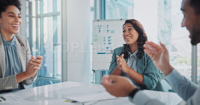 Buy stock photo Business people, meeting and applause for presentation, teamwork and collaboration success in office. Clapping, happy and excited staff with law group and case win at legal firm with celebration