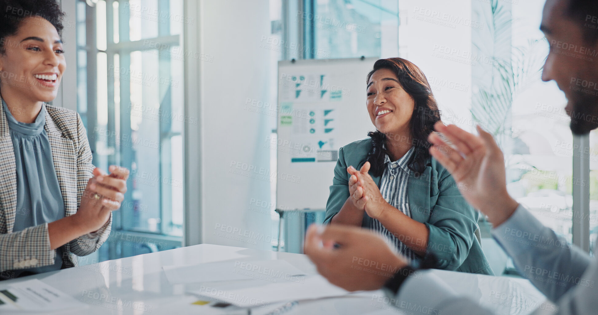 Buy stock photo Business people, meeting and applause for presentation, teamwork and collaboration success in office. Clapping, happy and excited staff with law group and case win at legal firm with celebration