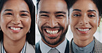 Collage, portrait and smile with business people in video call for corporate communication or collaboration. Diversity, face or smile of man and woman employee team in virtual meeting for planning