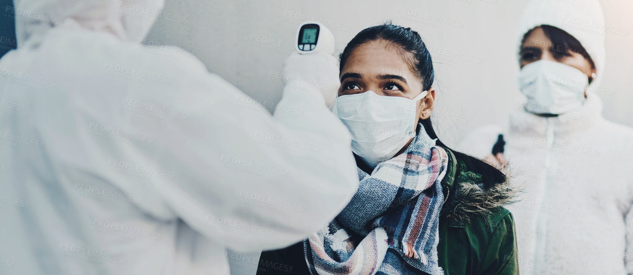 Buy stock photo People, thermometer and mask for sick, virus and health safety with disease prevention regulation. Woman, pandemic and temperature for policy, medical compliance and wellness with healthcare worker