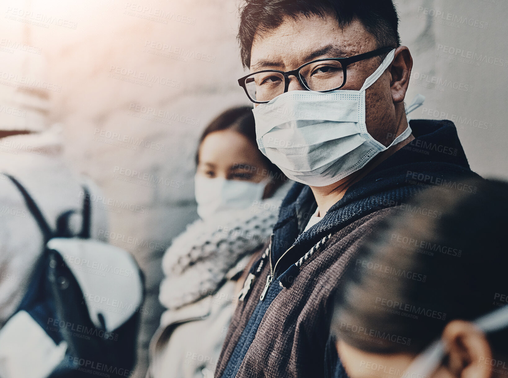 Buy stock photo Man, portrait and mask for virus, travel and healthcare safety with disease prevention in airport line. Male person, people and global pandemic with trip for crisis, medical compliance and vaccine