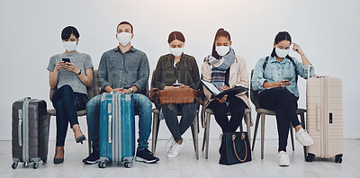 Buy stock photo Group, people and luggage for travel with face mask in waiting room, ppe compliance and safety at airport. Healthcare, passengers and suitcase of transport security, immigration policy and mpox virus