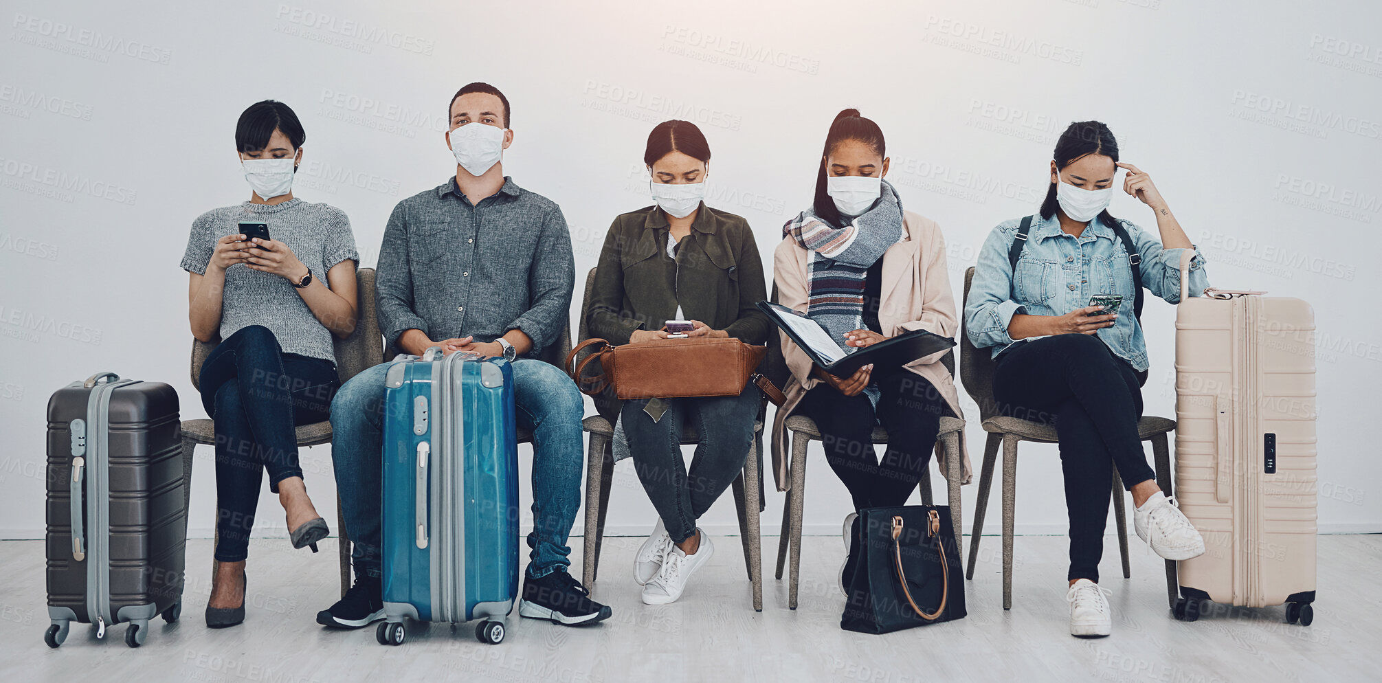 Buy stock photo Group, people and luggage for travel with face mask in waiting room, ppe compliance and safety at airport. Healthcare, passengers and suitcase of transport security, immigration policy and mpox virus