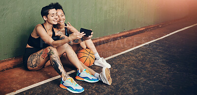 Buy stock photo Basketball, peace sign and outdoor selfie of women, fitness and sport ground for social media post. Emoji, people and court break for memory at club, online photography and athletes for tournament